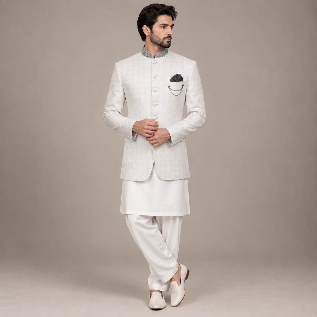 White textured prince coat for men nikkah