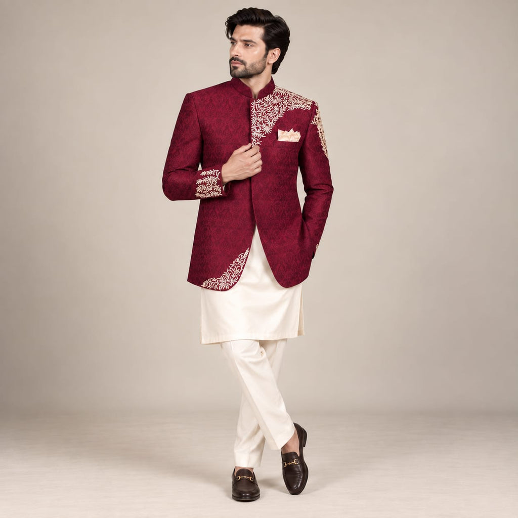 Self motif jamawar maroon prince coat