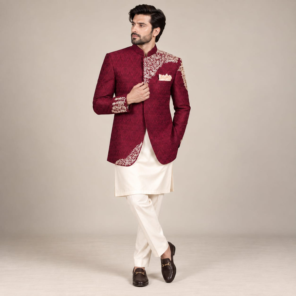 Self motif jamawar maroon prince coat