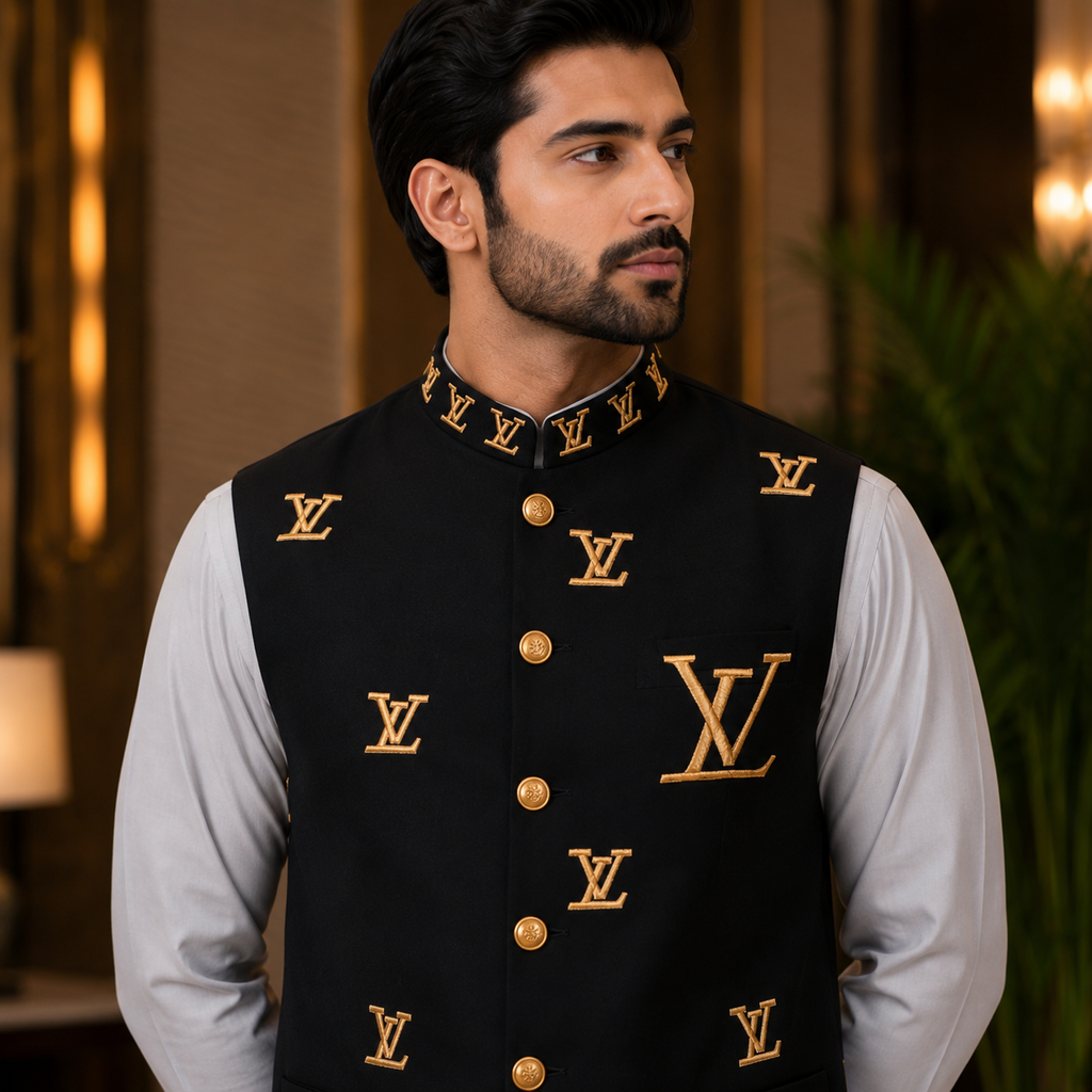 Men's Luxury Jet Black Embroidered Waistcoat with White Kurta Pajama