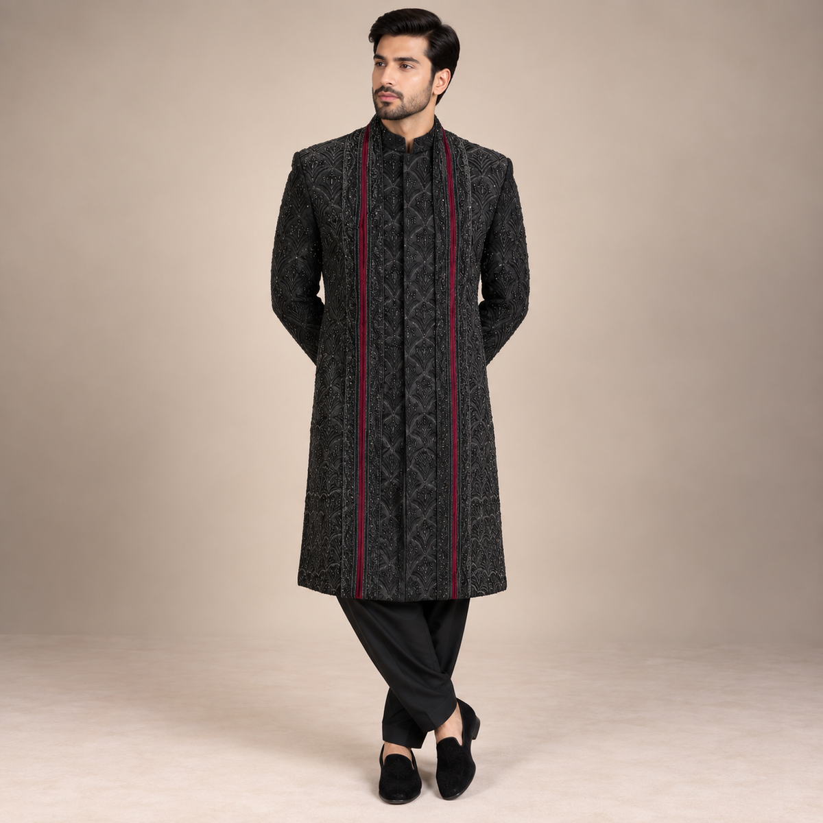 Black Embroidered Sherwani with Shawl and Hand Embellishment