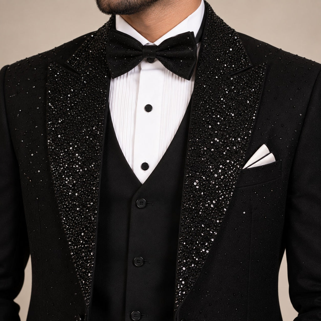 Black Tuxedo for Groom in Hand Embellished Moonlight Fabric