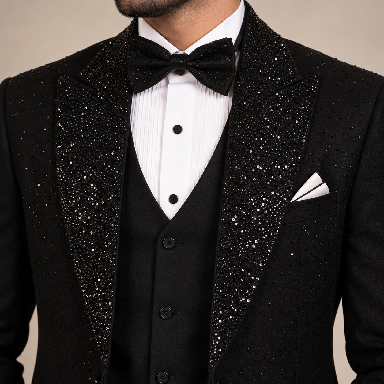 
                  
                    Black Tuxedo for Groom in Hand Embellished Moonlight Fabric
                  
                