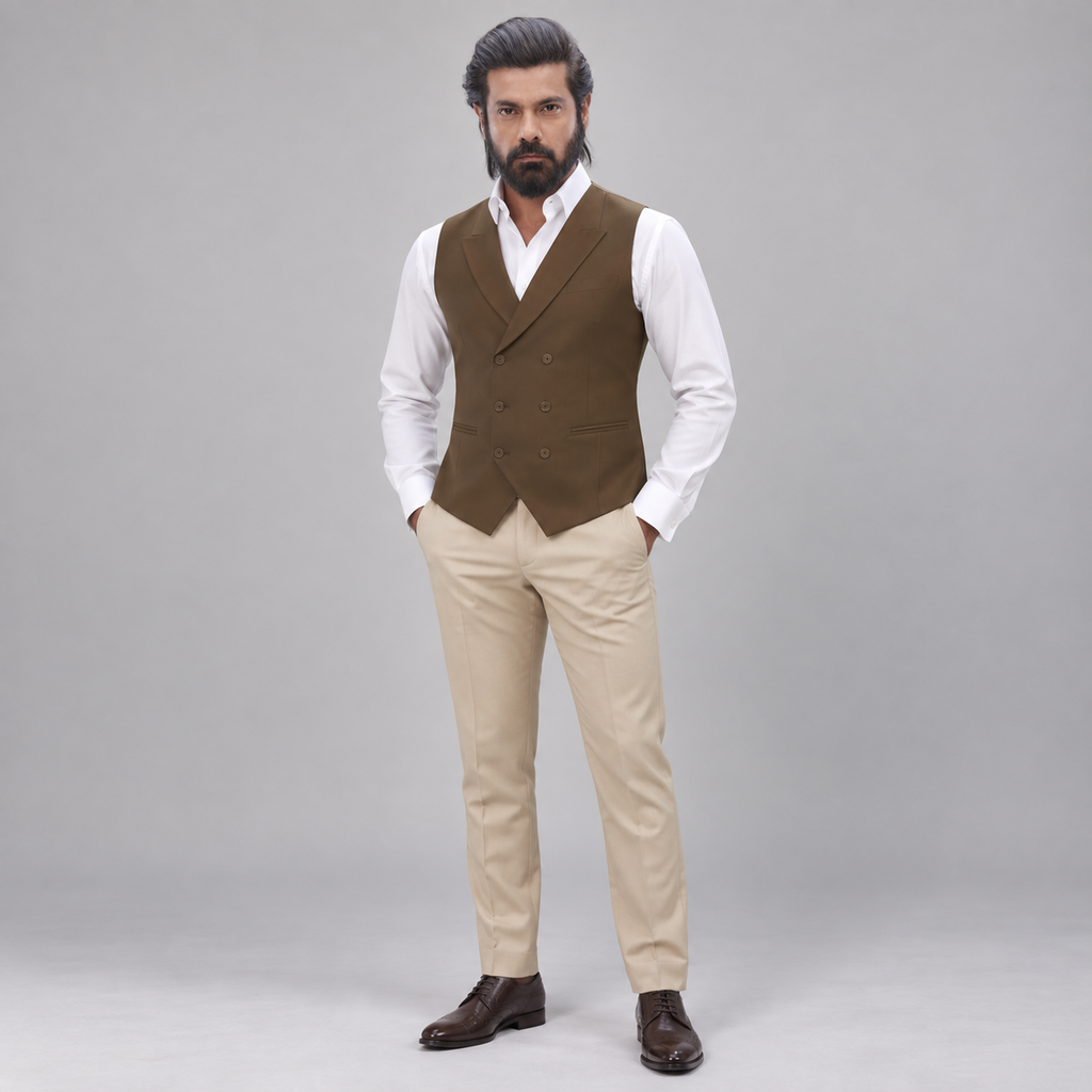 Mr. Sohail Sameer Pakistani Actor wearing Beige 3 Piece Suit for Groom in Guabello Cashmere Wool