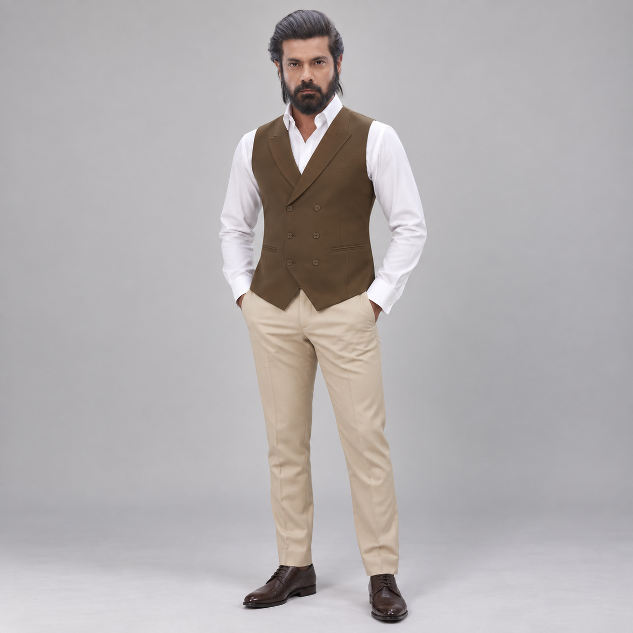 
                  
                    Mr. Sohail Sameer Pakistani Actor wearing Beige 3 Piece Suit for Groom in Guabello Cashmere Wool
                  
                