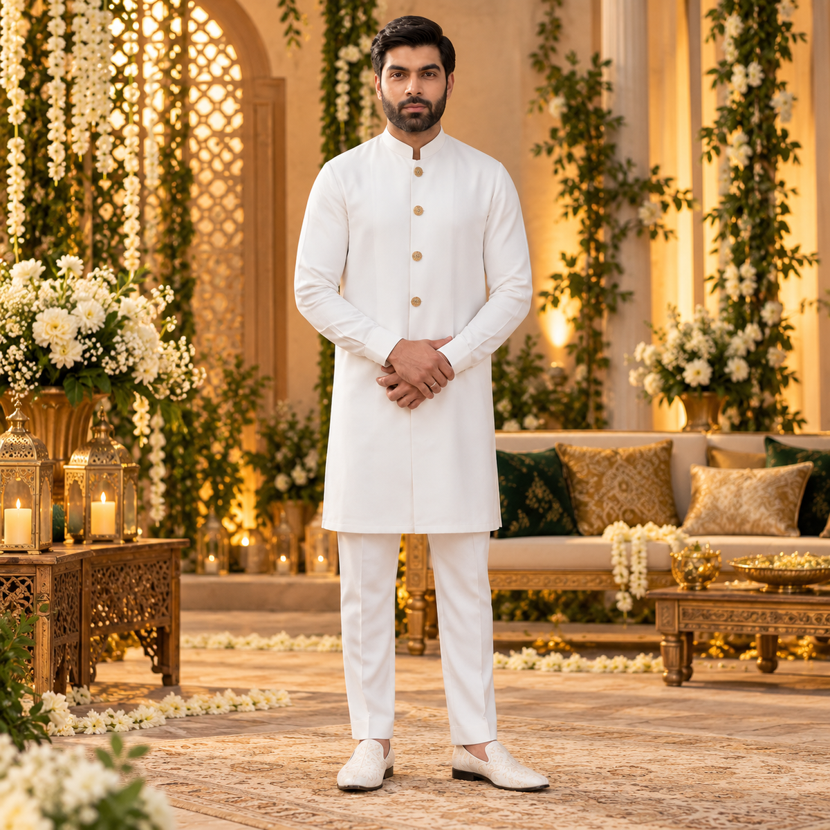 Elegant White Sherwani-Style Kurta Pajama for the Modern Groom