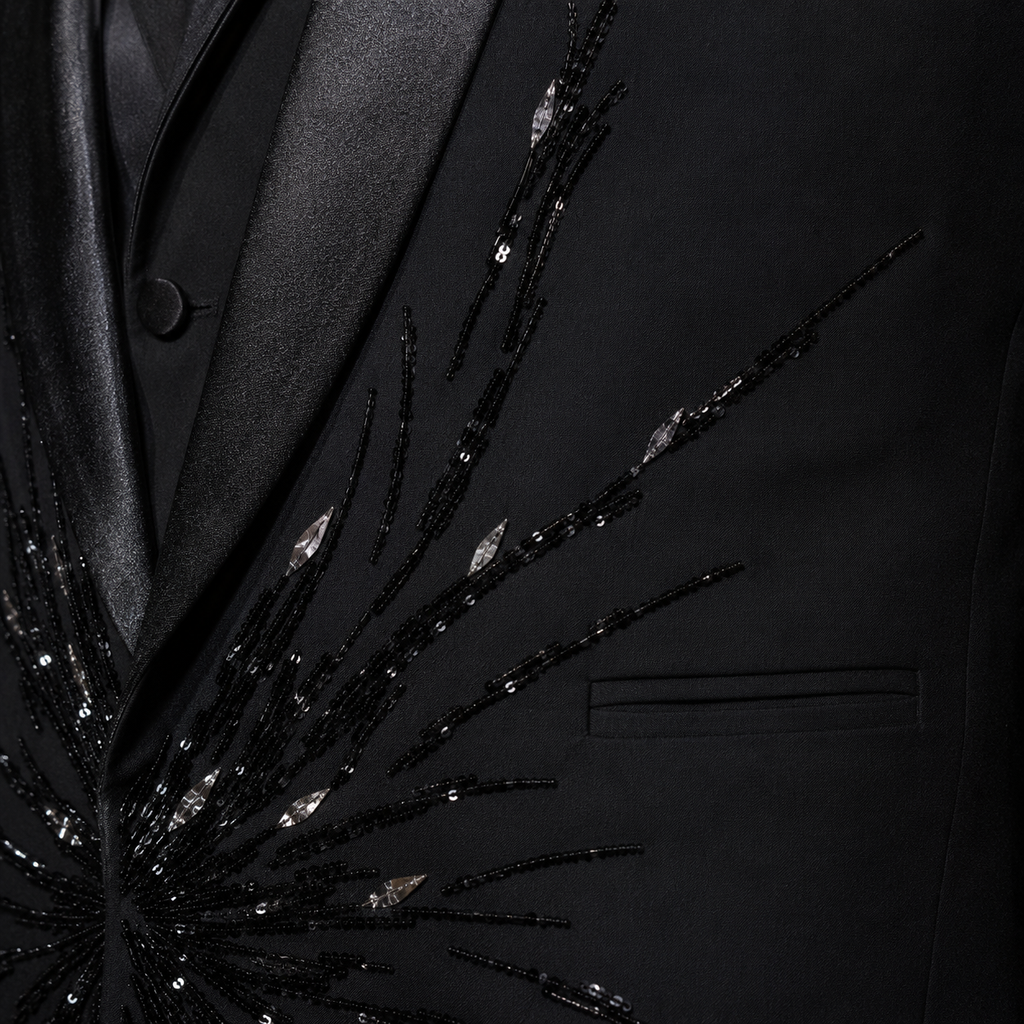 Black 3 Piece Tuxedo for Men with Hand Embellishment in Super 180's Wool Cashmere