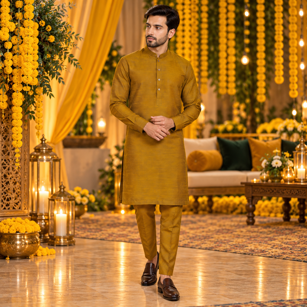 Stylish and Traditional Yellowish Orange Raw Silk Fabric Kurta Pajama for Men