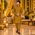 Stylish and Traditional Yellowish Orange Raw Silk Fabric Kurta Pajama for Men