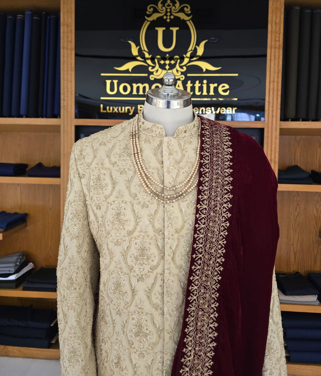 Luxury Light Golden Embroidered Sherwani with Hand Embellishment for Groom