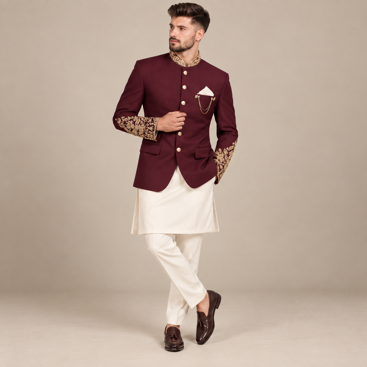 Maroon prince coat with micro embellishment