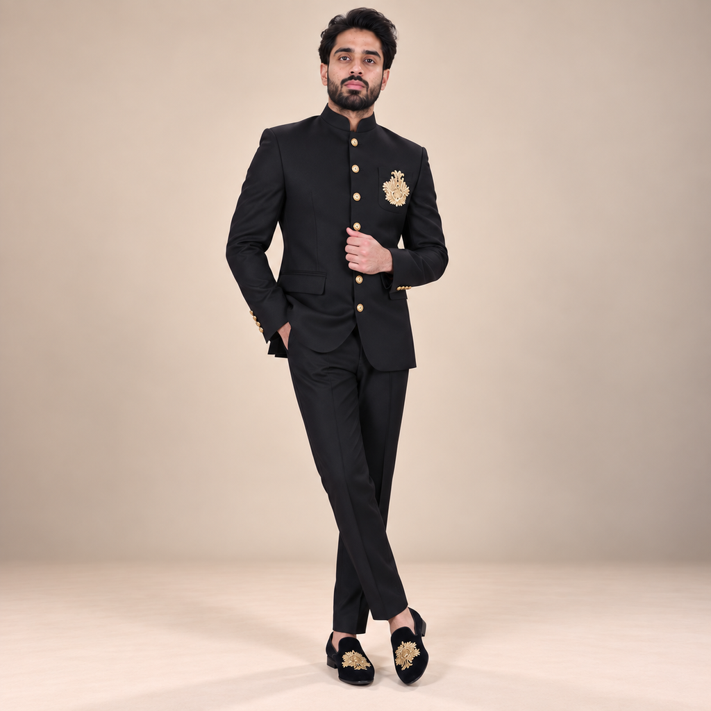 Men's Luxury Black Bandhgala Prince Coat 2-Piece Suit For Premium Groom