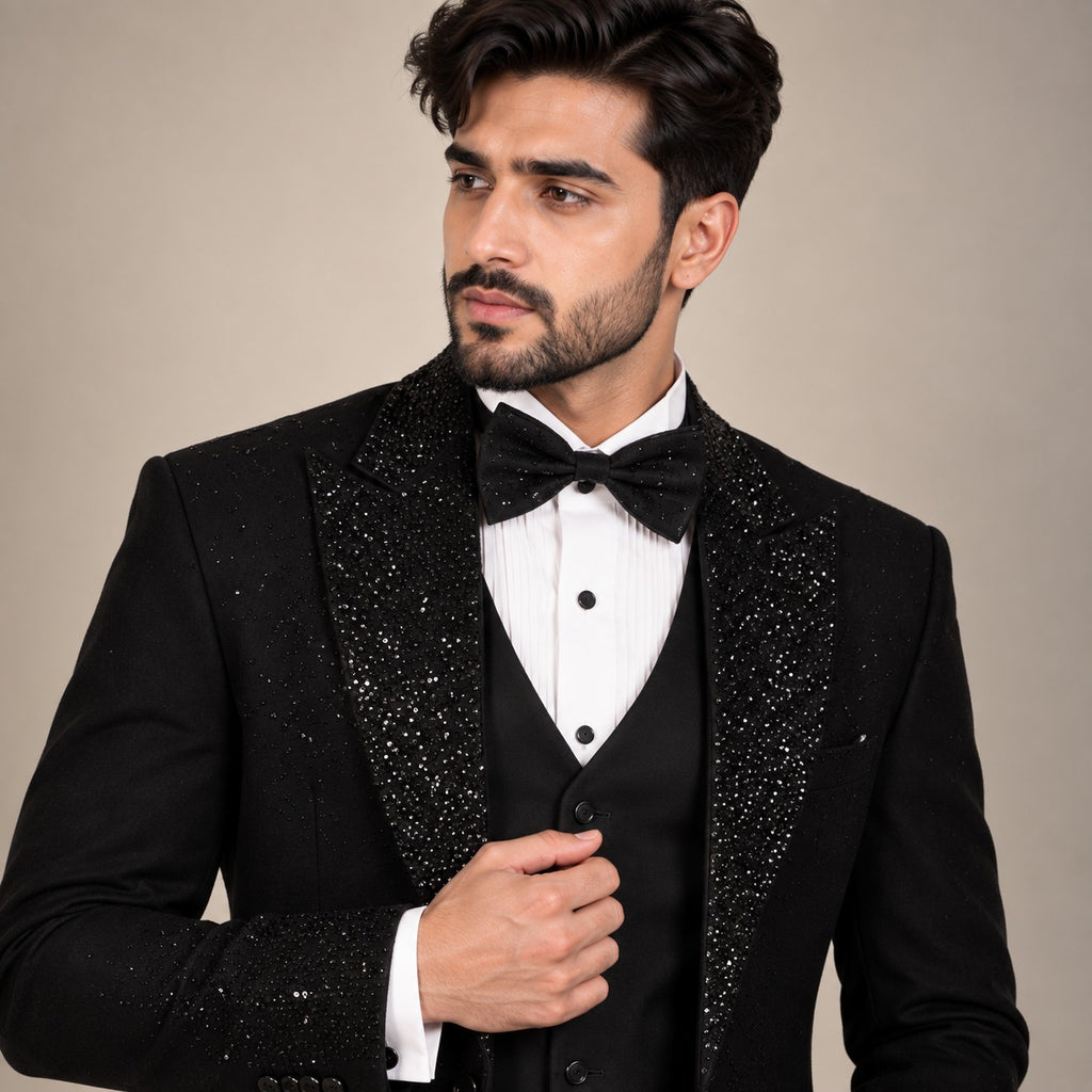Black Tuxedo for Groom in Hand Embellished Moonlight Fabric