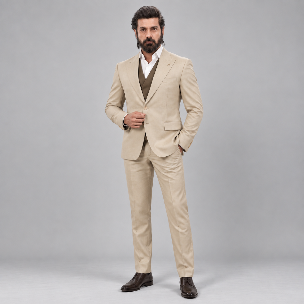 
                  
                    Mr. Sohail Sameer Pakistani Actor wearing Beige 3 Piece Suit for Groom in Guabello Cashmere Wool
                  
                