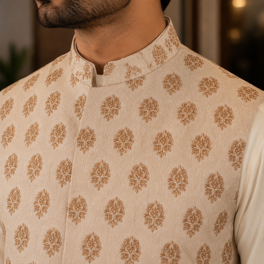 Ivory Karandi Fabric Hand Embellished Waistcoat