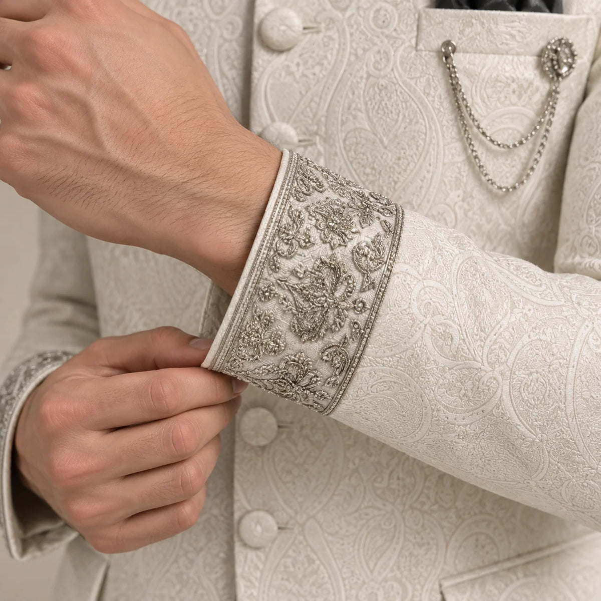 Ivory White Self Jamawar Prince Coat for Groom in Micro Embellishment