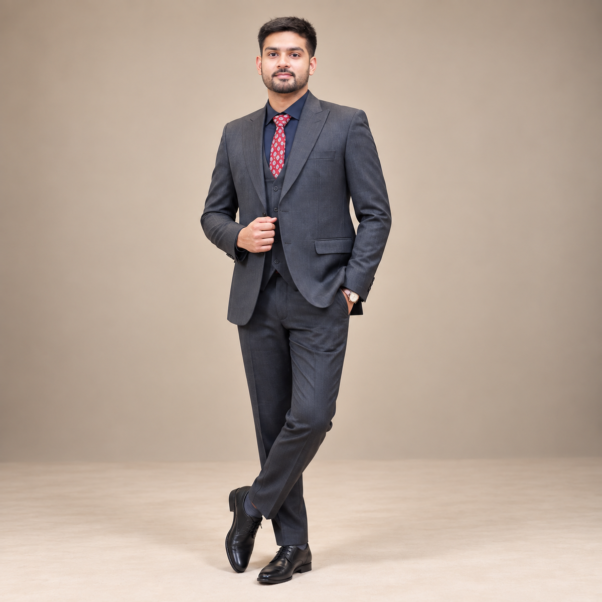 Luxury Italian Three-Piece Checkered Suit with Double-Breasted Waistcoat