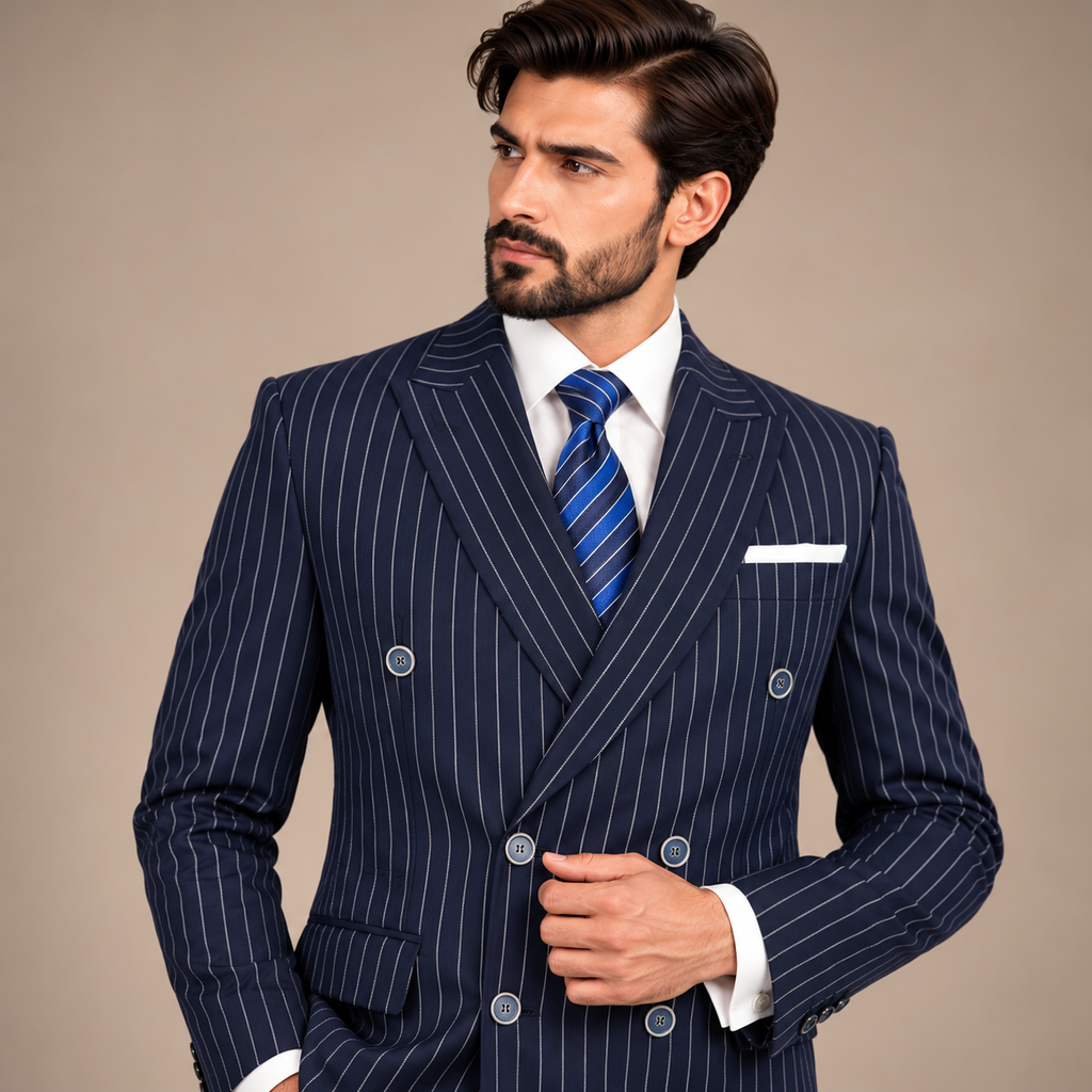 Uomo Attire Limited Edition Navy Blue Double-Breasted Pinstripe Suit | Premium Lanificio Italian Fabric Luxury Menswear