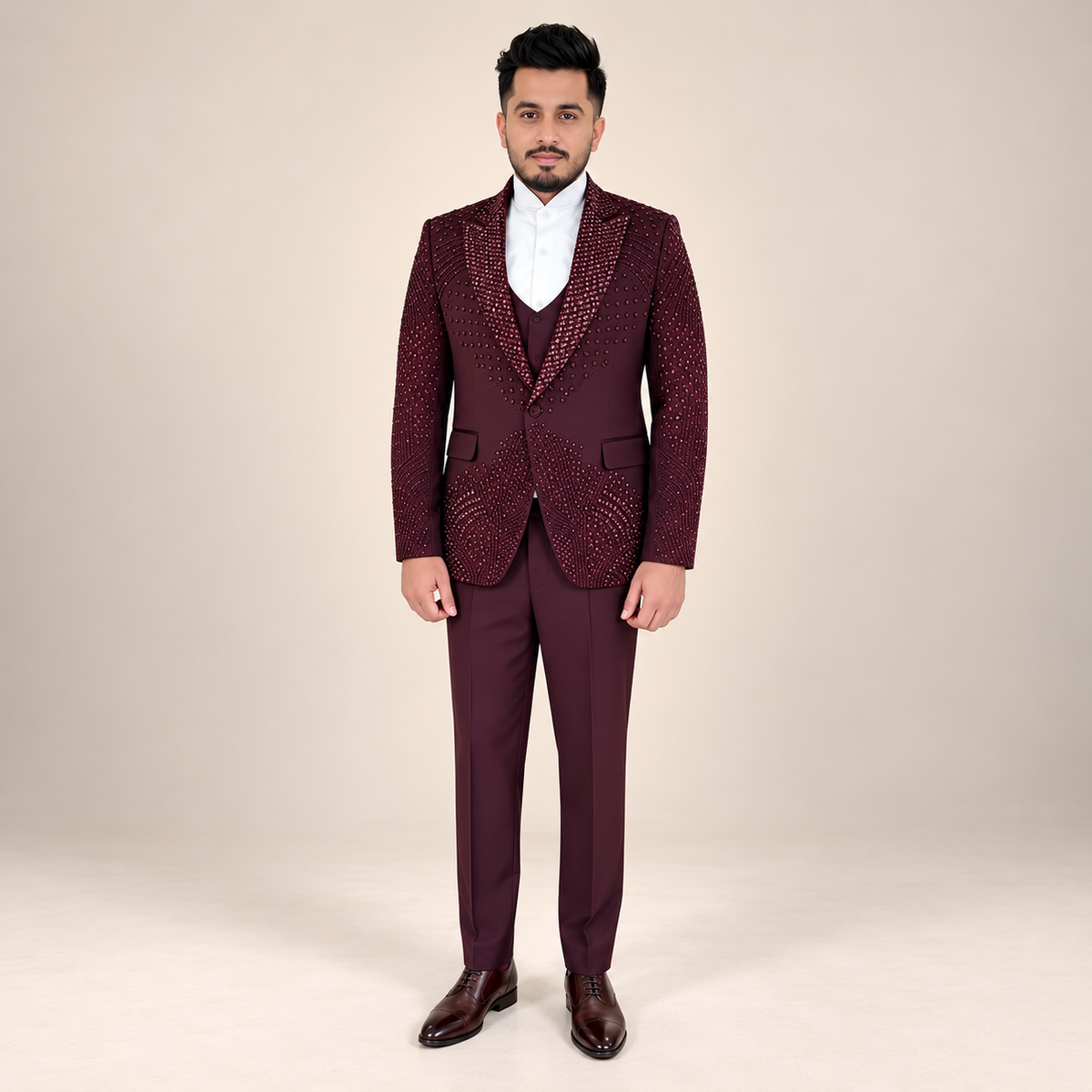 Men's Luxury Maroon Embellished 3-Piece Tuxedo Suit