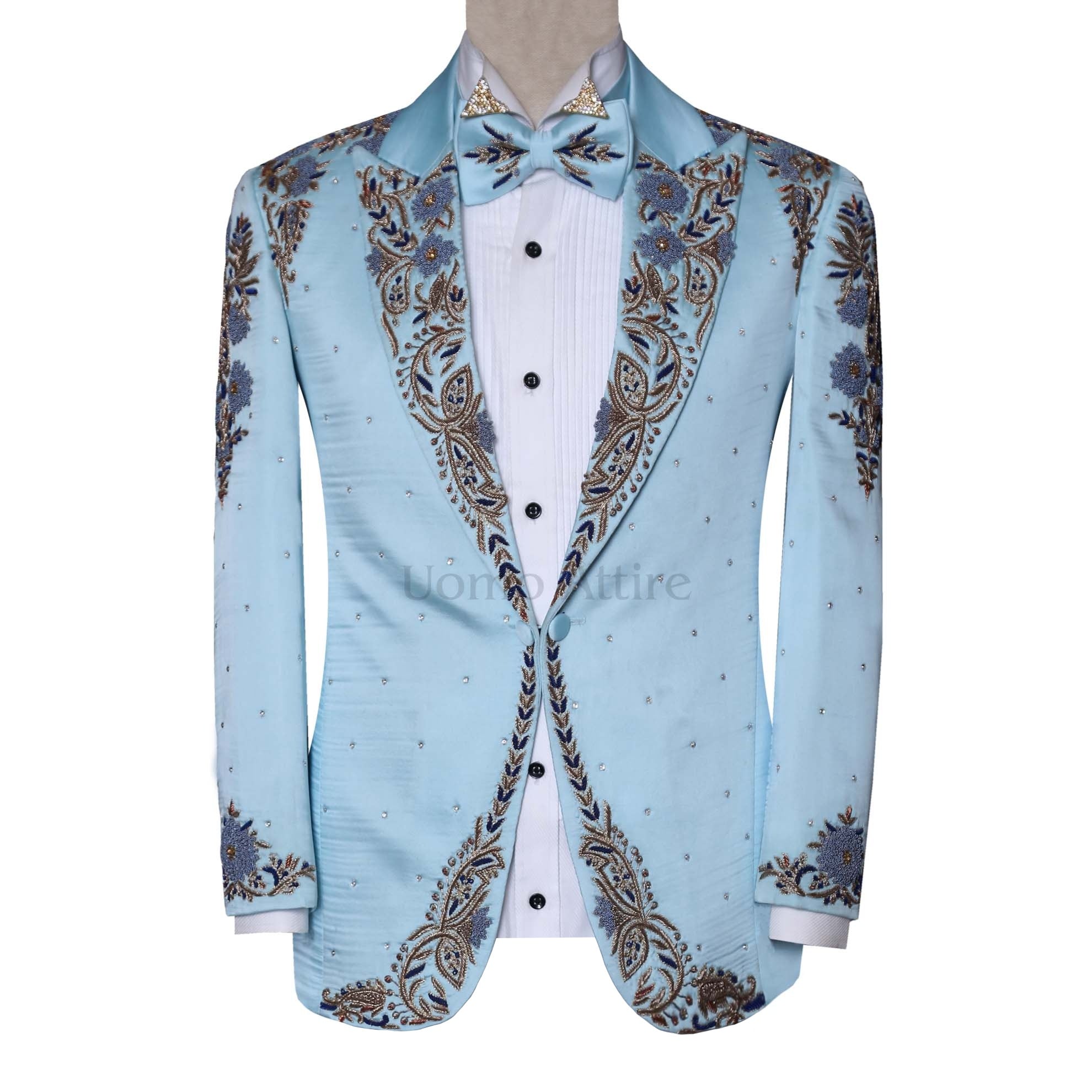 Baby Blue Peak Lapel Groom Tuxedo Suit for Men