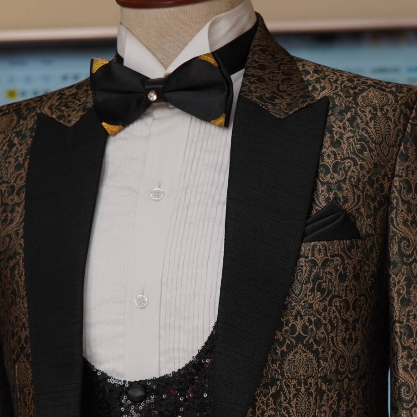 
                  
                    Bespoke Tuxedo 3 Piece Suit in Self Embossed Textured Fabric
                  
                