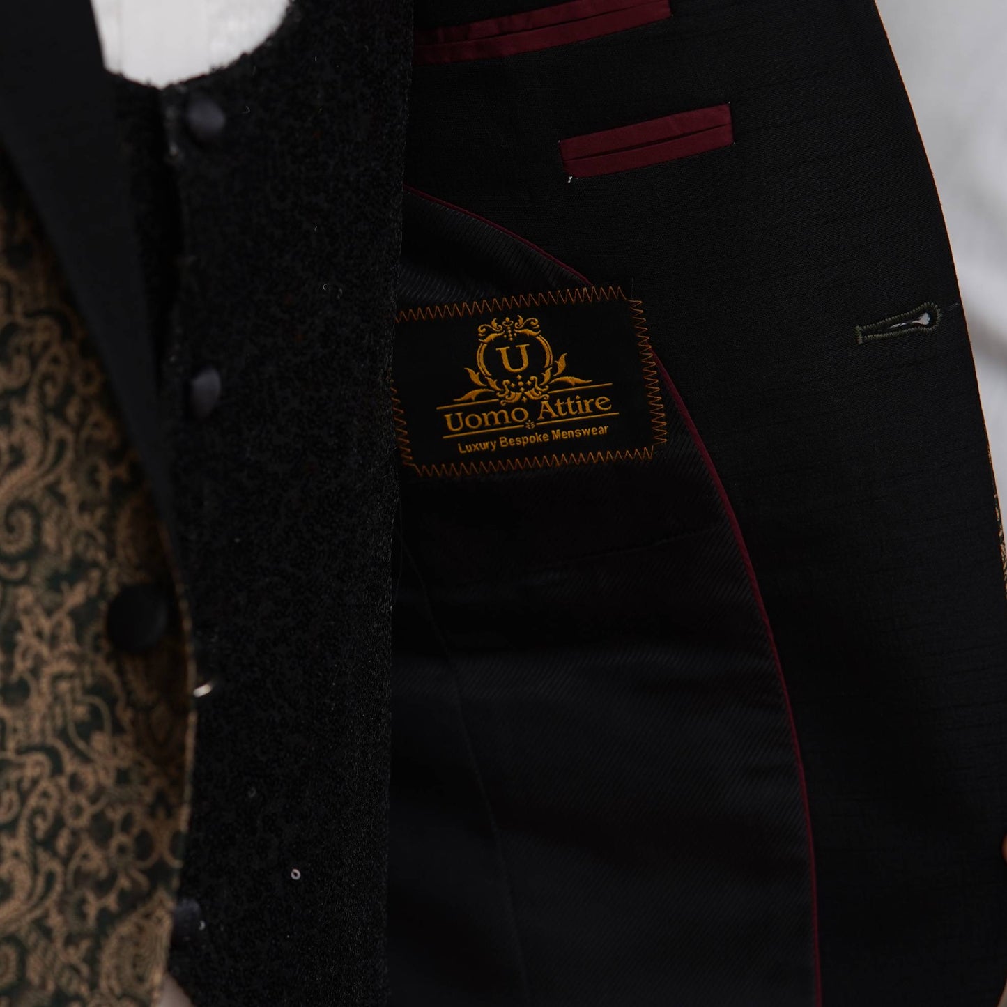 
                  
                    Bespoke Tuxedo 3 Piece Suit in Self Embossed Textured Fabric
                  
                