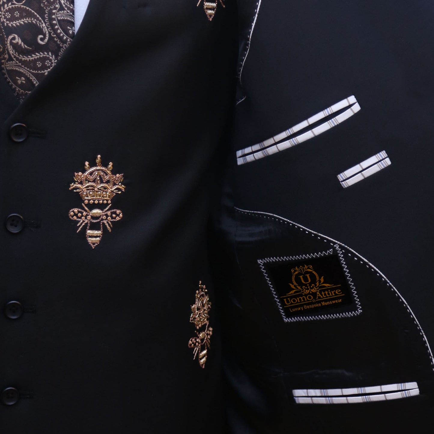 
                  
                    Bespoke honey bee black custom embellished 3 piece suit inside fashion
                  
                