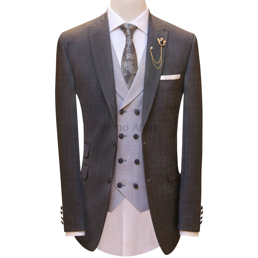 Bespoke self textured grey customized three piece suit