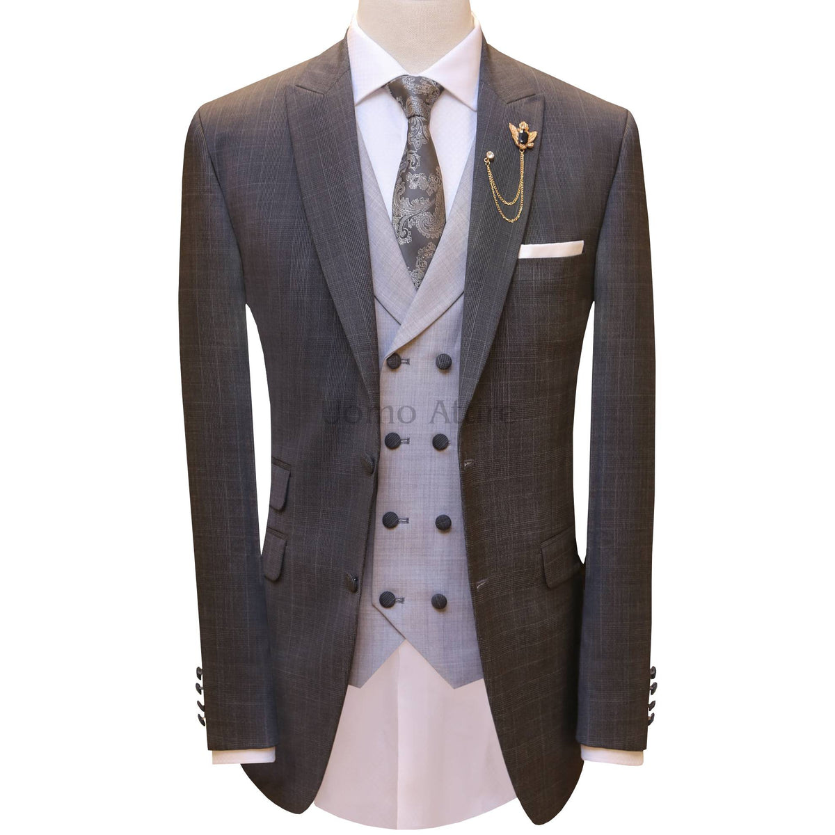 Bespoke self textured grey customized three piece suit
