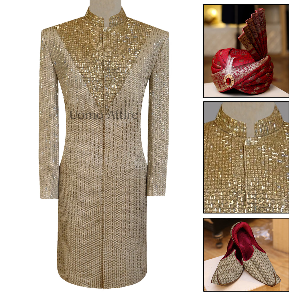 Latest Design Mens Golden Wedding Sherwani For Groom