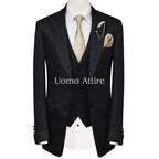 Black 3 Piece Suit For Men With Folding Cuff Peak Lapel | Black Mens Suit