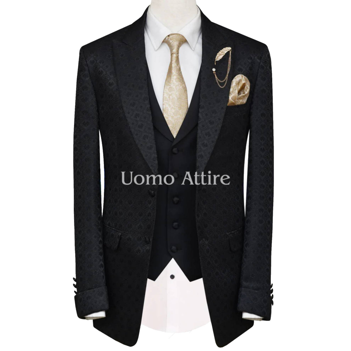 Black 3 Piece Suit For Men With Folding Cuff Peak Lapel | Black Mens Suit