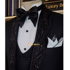 Black Designer Tuxedo Suit with Embellished Shawl