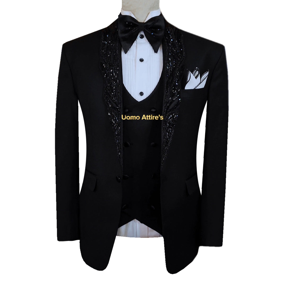 Black Designer Tuxedo Suit with Embellished Shawl – Uomo Attire