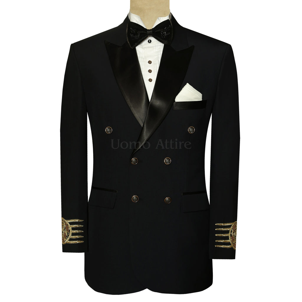 Black Double Breasted Tuxedo Suit with Satin Lapel