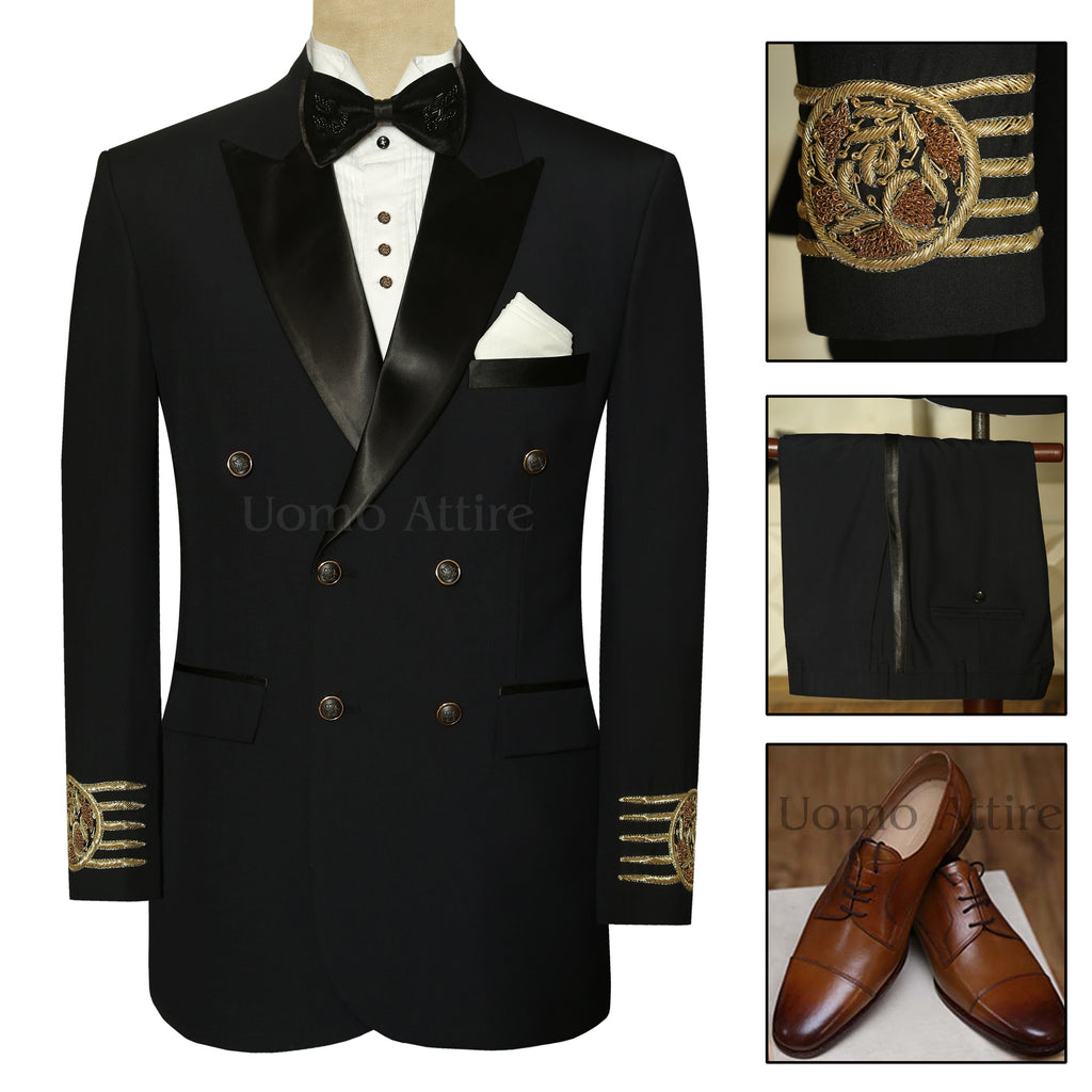 Black Double Breasted Tuxedo Suit with Satin Lapel