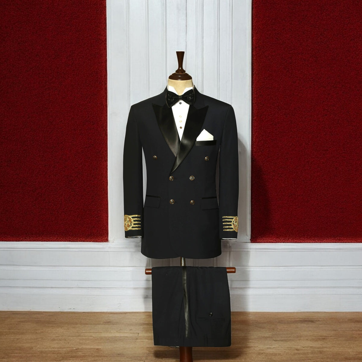 Black Double Breasted Tuxedo Suit with Satin Lapel