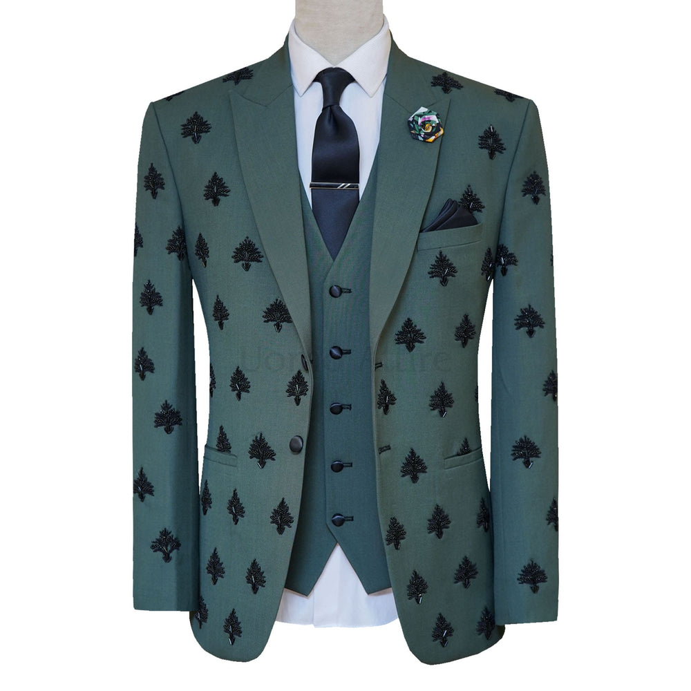 Black Embellished Green Wedding 3 Piece Suit For Men | Wedding 3 Piece Suit for Men