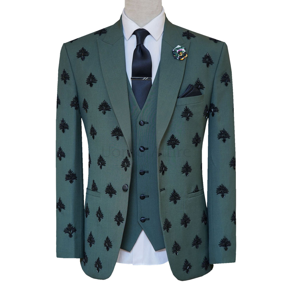 Three Piece Coat Pant For Men Wedding Black Embellished Green