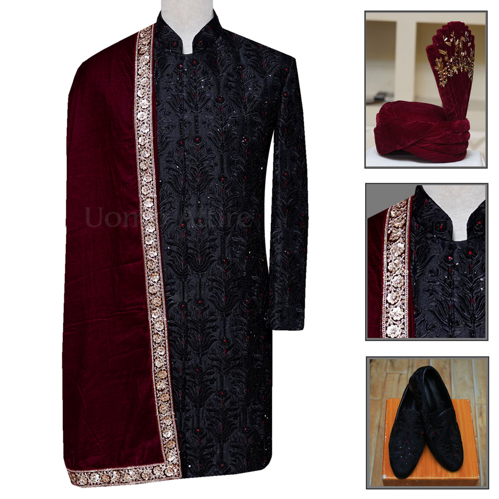 Fully embellished Black Sherwani for Groom Wedding | Sherwani with Shawl