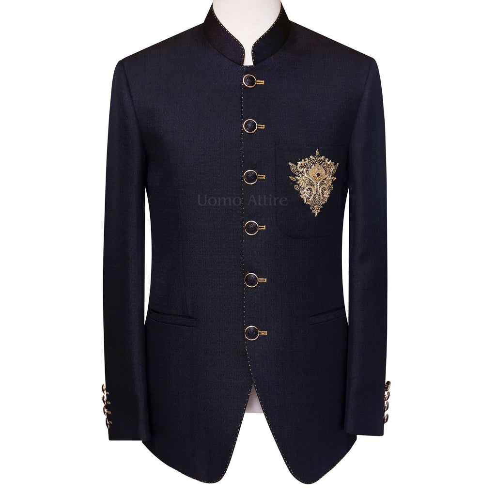 Black Perfect Fit Prince Coat with Contrast Pick-Sleeve and Patched Embellished Pockets
