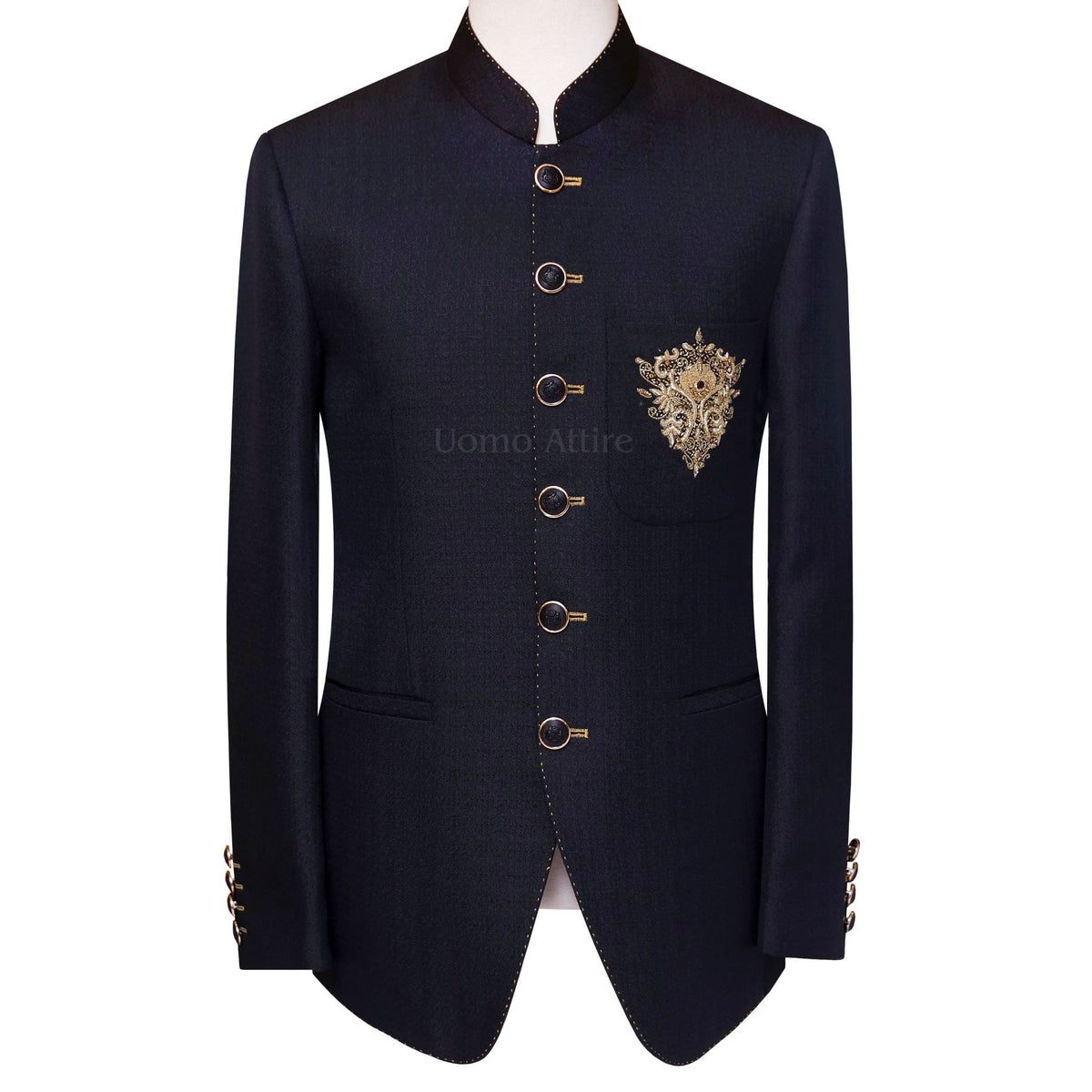 Black Perfect Fit Prince Coat with Contrast Pick-Sleeve and Patched Embellished Pockets