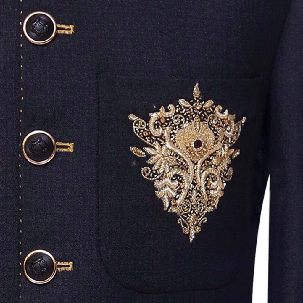 Black Perfect Fit Prince Coat with Contrast Pick-Sleeve and Patched Embellished Pockets 2
