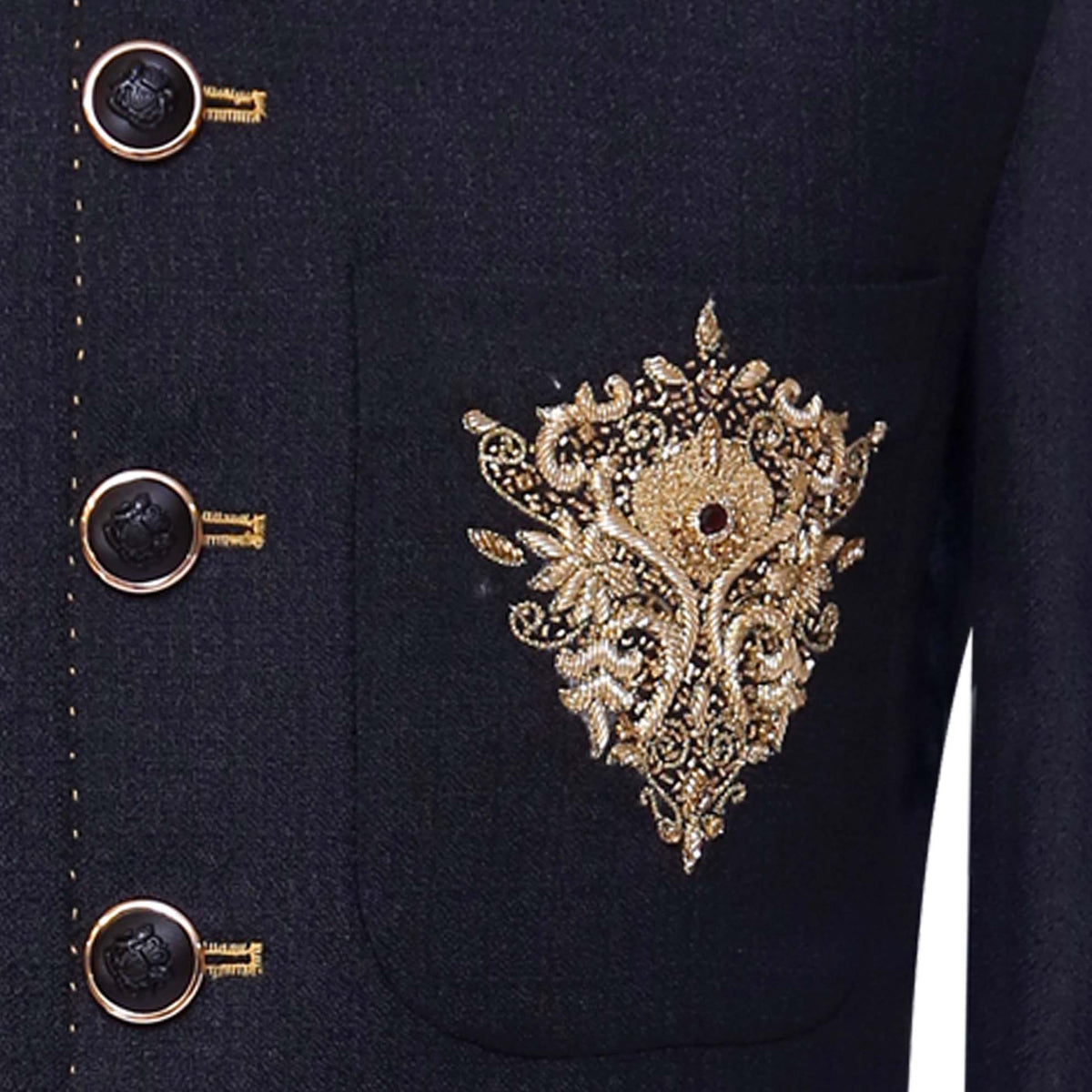 Black Perfect Fit Prince Coat with Contrast Pick-Sleeve and Patched Embellished Pockets 2