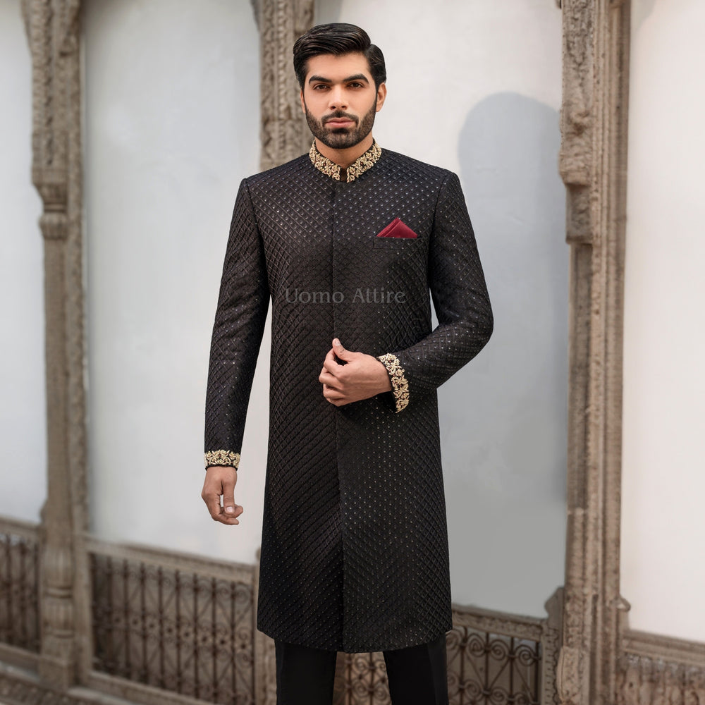 
                  
                    Regal Jet Black Sherwani for Groom A Perfect Blend of Elegance and Royalty
                  
                