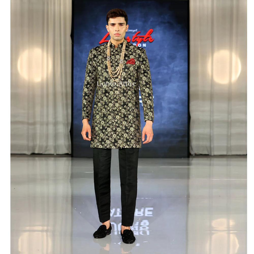 Black Golden Embroidered Short Sherwani for Groom