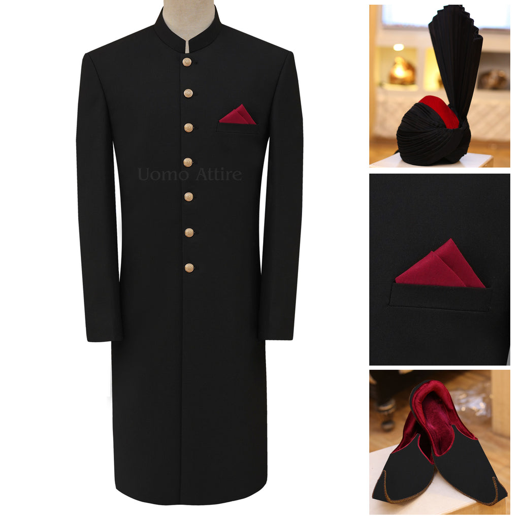 Black Tropical Fabric Wedding Sherwani for Groom in USA