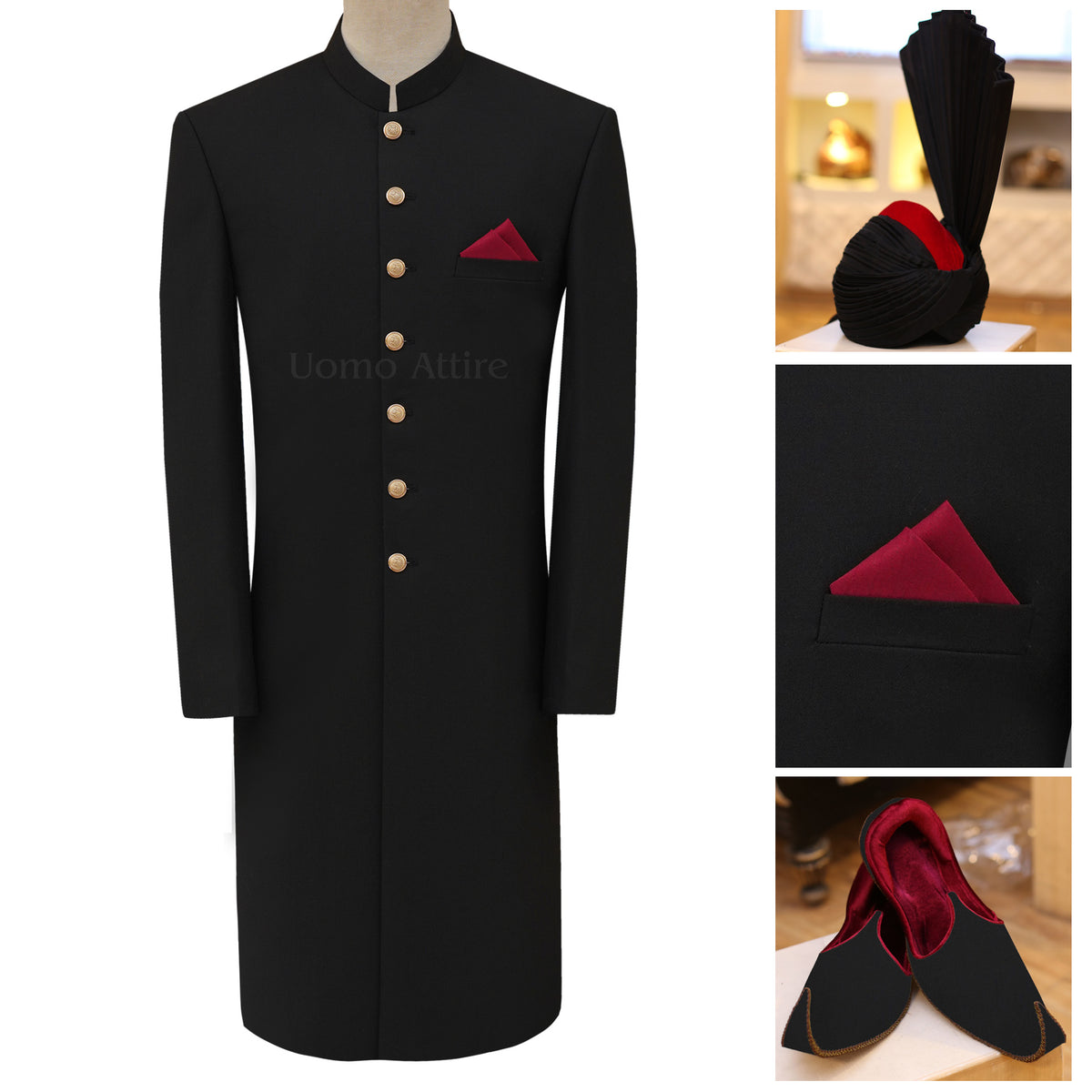 Black Tropical Fabric Wedding Sherwani for Groom in USA