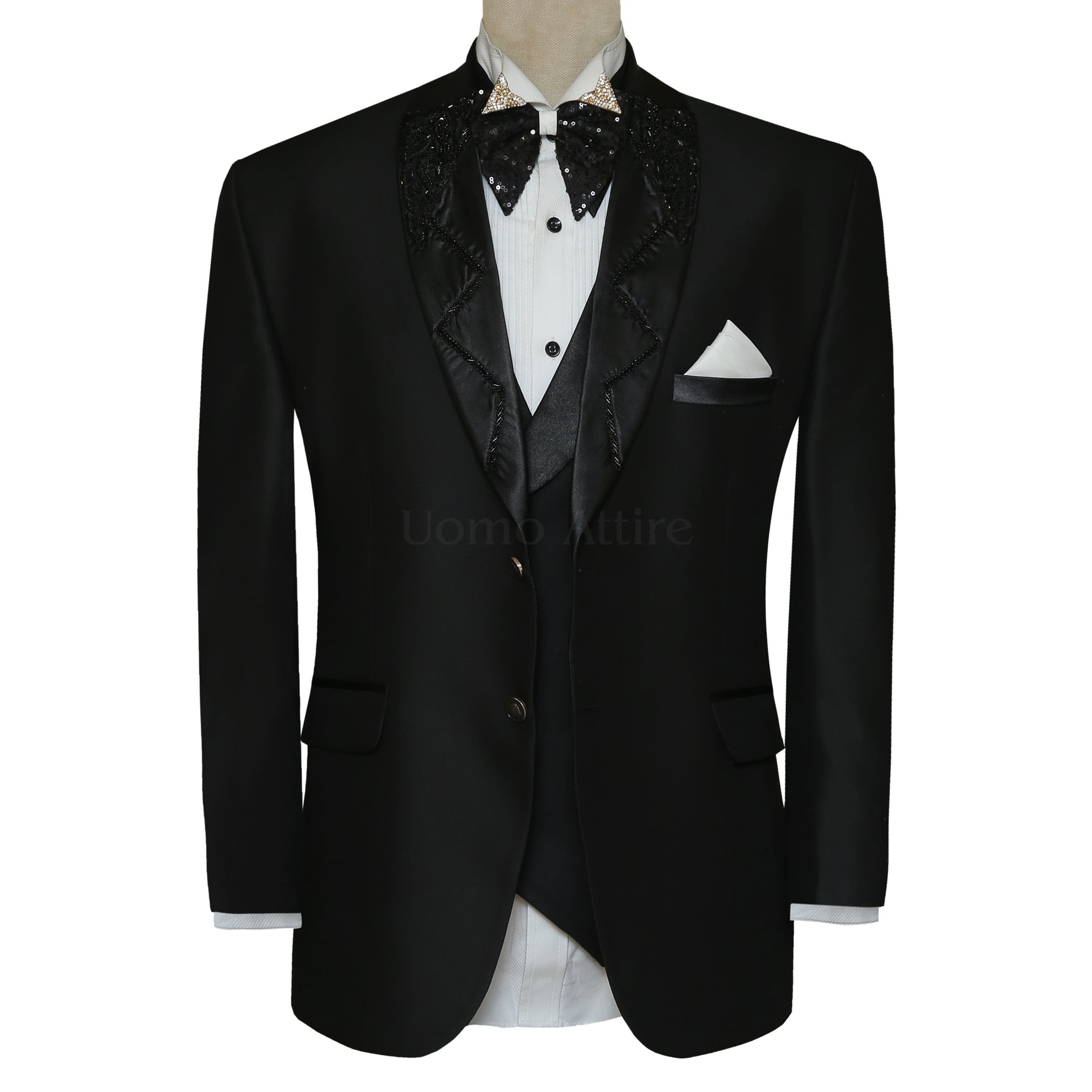 Black Groom Tuxedo Suit with Hand Embellished Satin Shawl Lapel