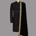 Black Velvet Sherwani Shawl With Golden Embroidery